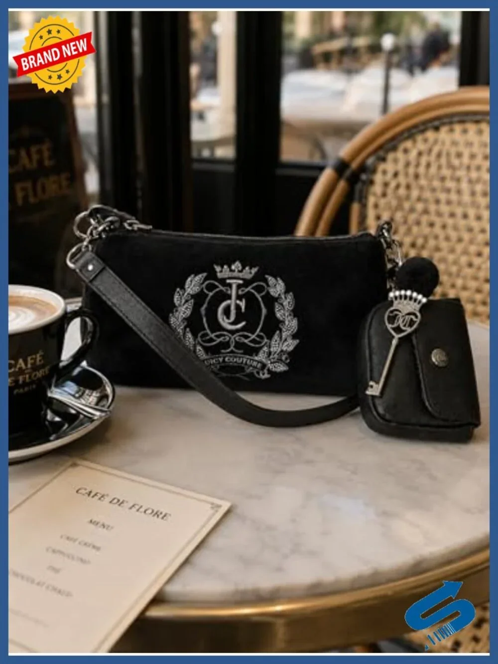 Velour Shoulder Bag with Chain Strap, Mini Pouch, Zip Closure